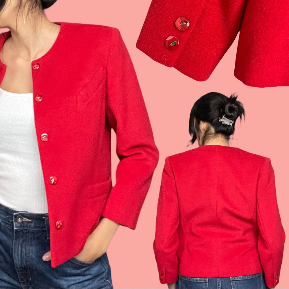 Vintage Collarless Wool Short Blazer Jacket True Red Size S